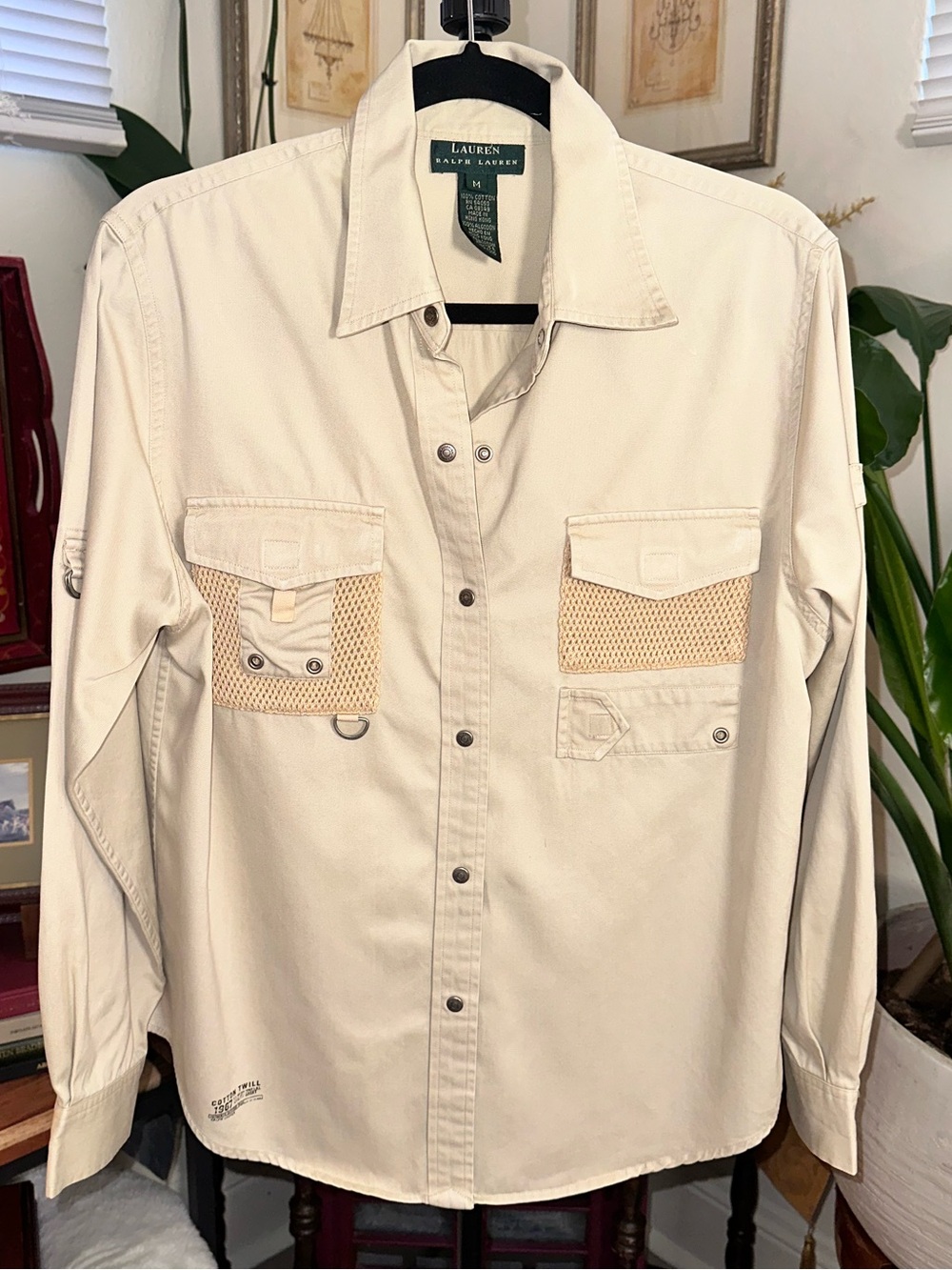 Vintage Lauren Ralph Lauren Beige Cotton Utility Safari Shirt Size Medium